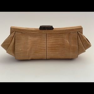 TOD'S Tan Lizard Embossed Textured Clasp Clutch